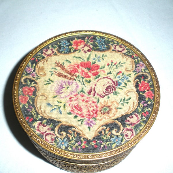 Vintage Filigree Trinket Box Tapestry Top with Mirror Ornate Round Velvet Lined Gilt Vanity Storage