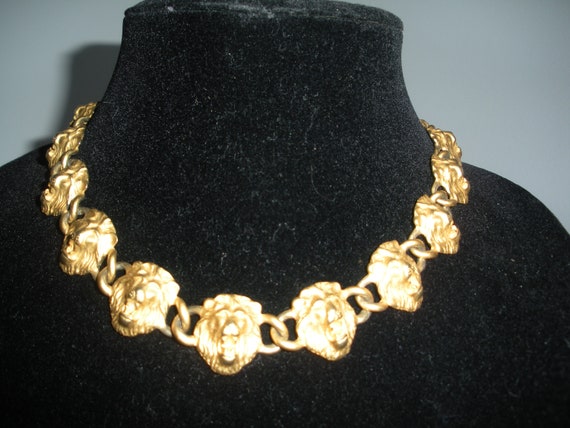 Vintage Anne Klein Lion Heads Necklace Matte Gold… - image 1