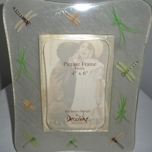 May include: A decorative picture frame with a silver-gray finish, adorned with painted dragonflies and blades of grass. The frame holds a 4" x 6" photo. The frame is an exclusive design by Decoline, New York.