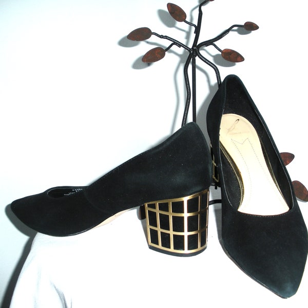 Vintage Black Shoes Brian Atwood Women Size 9.5 Gold Window Pane Heels Almond Shaped Toe Karina