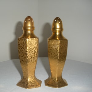Vintage Ceramic Matte Gold Salt and Pepper Shakers Made in Japan Floral Etched Salt and Pepper Set