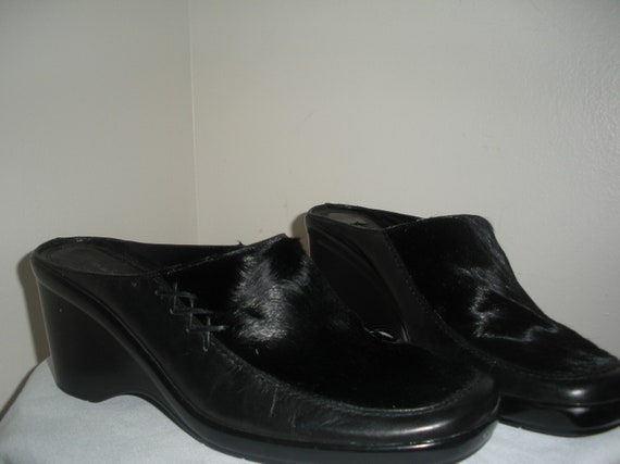 Vintage Black Chunky Wedge Heel Leather and Fur M… - image 2