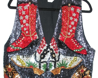 Vintage Sequin Western Vest, Cowboy Boots Embellished, Size S