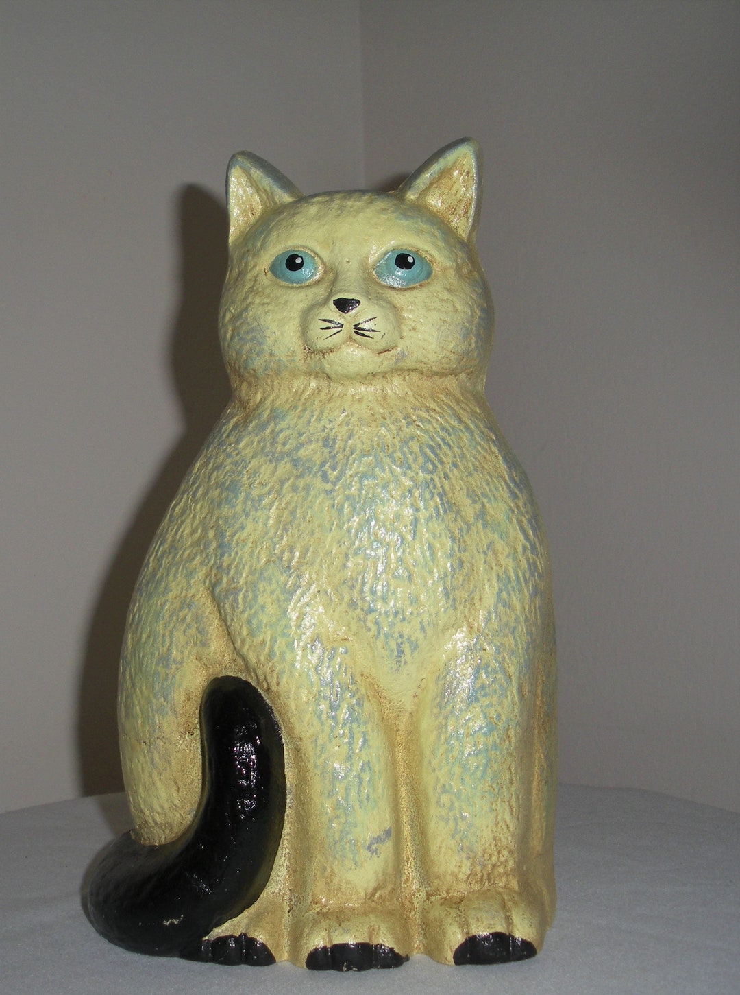 Vintage Metal Cat Door Stop Single Bookend Painted Yellow Cast Iron