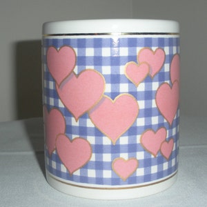 Vintage Coffee Cup/Mug Blue and White Gingham and Pink Hearts