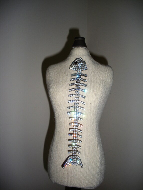 Vintage Rhinestone Pin Fish Bone Skeleton Pin Long