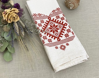 Belarusian folk ornament tea towel, a heart shape designed with traditional Belarus ornament elements