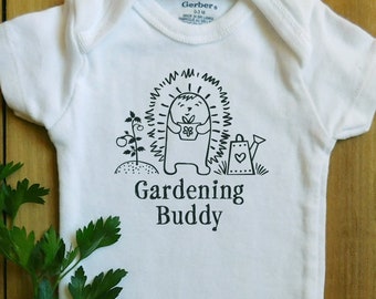 gardening buddy baby onesie, future gardening buddy, organic baby, locally grown, homegrown, wild baby, boho baby, vegan, hiking, garden