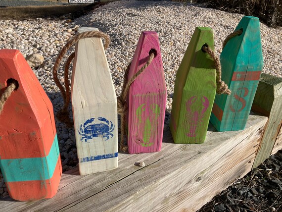 Reclaimed Wood Assorted Colors Mini Lobster Buoy Ornaments Nautical Favors