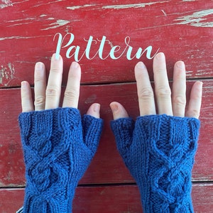 Blue Cabled Fingerless Mitts