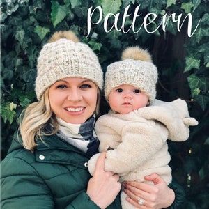 Fur Pom Hat Knitting Pattern, Winter Hat Pattern, Textured Beanie Pattern in Adult, Kids and Baby Sizes, Super Chunky