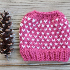 Pink Bun Hat for Girls, Chunky Bun Hole Hat, Messy Bun Beanie, Pony Tail Hat for Girls, Fair Isle Bun Hat, Valentine Bun Hat Gift for Girls image 5