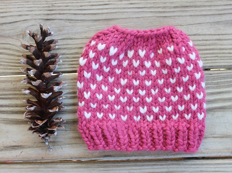 Pink Bun Hat for Girls, Chunky Bun Hole Hat, Messy Bun Beanie, Pony Tail Hat for Girls, Fair Isle Bun Hat, Valentine Bun Hat Gift for Girls image 5