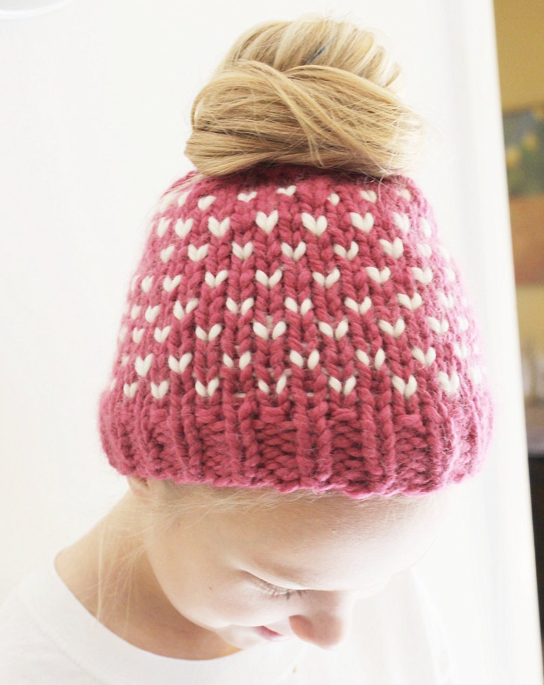 Pink Bun Hat for Girls, Chunky Bun Hole Hat, Messy Bun Beanie, Pony Tail Hat for Girls, Fair Isle Bun Hat, Valentine Bun Hat Gift for Girls image 2