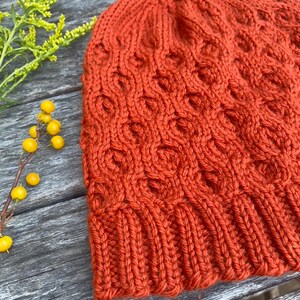 May include: A close-up of a knitted beanie in a burnt orange color. The beanie has a cable knit pattern and a ribbed brim.