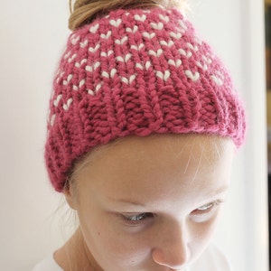 Pink Bun Hat for Girls, Chunky Bun Hole Hat, Messy Bun Beanie, Pony Tail Hat for Girls, Fair Isle Bun Hat, Valentine Bun Hat Gift for Girls image 4