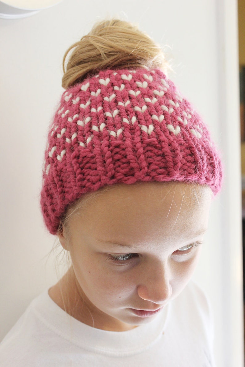 Pink Bun Hat for Girls, Chunky Bun Hole Hat, Messy Bun Beanie, Pony Tail Hat for Girls, Fair Isle Bun Hat, Valentine Bun Hat Gift for Girls image 4