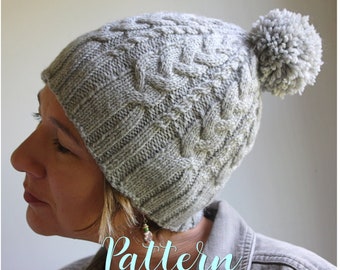 Knitting Pattern for Womens Cable Knit Hat, Knitting Patterns, Womens Pom Pom Hat, Knit Pom Hat Knitting Pattern, Pom Pom Beanie Hat