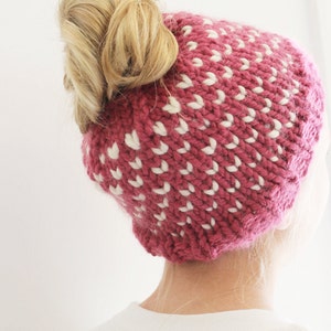 Pink Bun Hat for Girls, Chunky Bun Hole Hat, Messy Bun Beanie, Pony Tail Hat for Girls, Fair Isle Bun Hat, Valentine Bun Hat Gift for Girls image 1