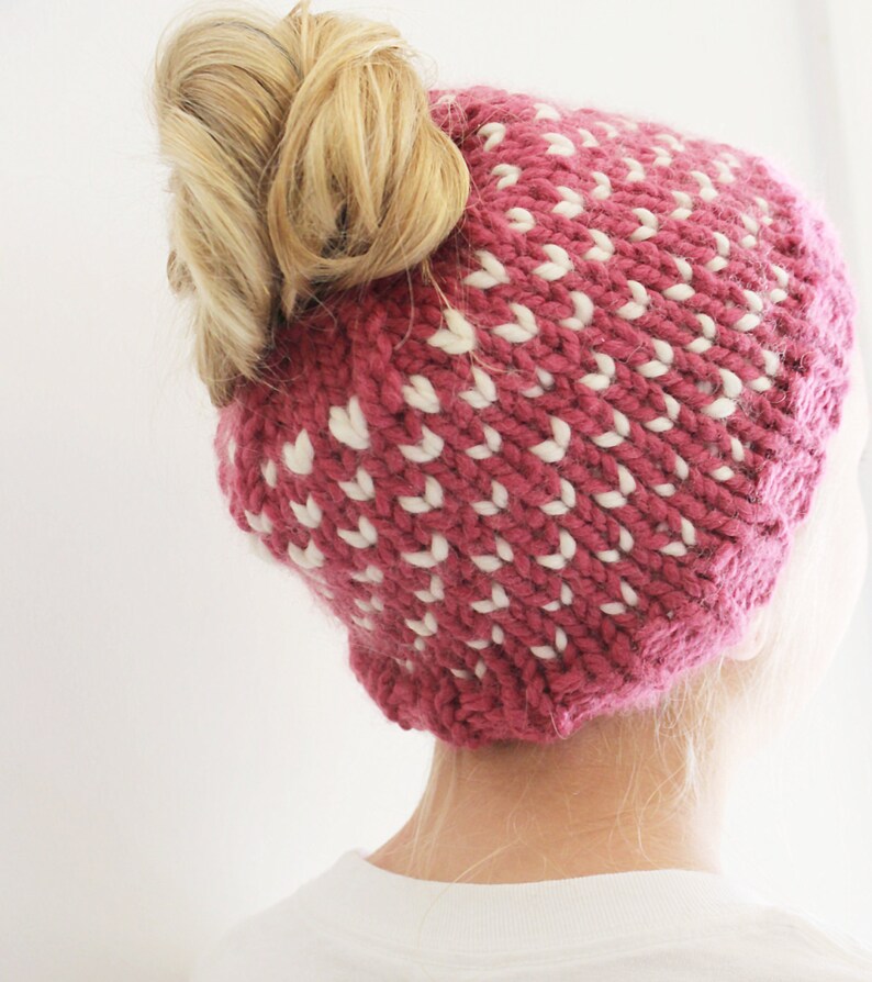 Pink Bun Hat for Girls, Chunky Bun Hole Hat, Messy Bun Beanie, Pony Tail Hat for Girls, Fair Isle Bun Hat, Valentine Bun Hat Gift for Girls image 1