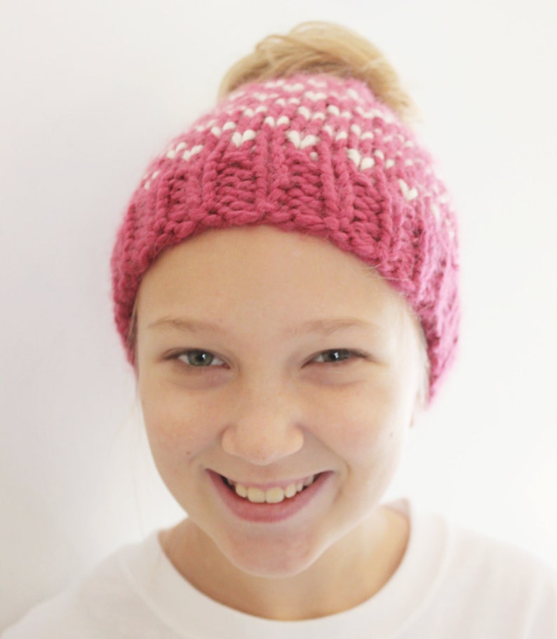 Pink Bun Hat for Girls, Chunky Bun Hole Hat, Messy Bun Beanie, Pony Tail Hat for Girls, Fair Isle Bun Hat, Valentine Bun Hat Gift for Girls image 3