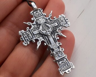 Silber Kosaken Kreuz, Brustkreuz Anhänger 18.Jh., Religiöse Replik, Symbol des Glaubens, Cosaque Halskette, Christliches Kreuz, Slawisch