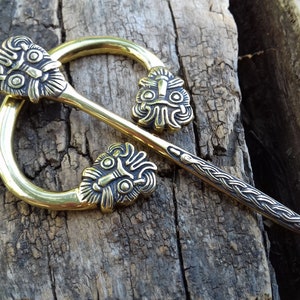 Viking fibula with animal heads, Bronze jewelry brooch, Birka, Viking age, Sweden reconstruction, Medieval history, Norse, Scandinavian, Pin