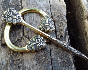Peroné vikingo con cabezas de animales, Broche de joyería de bronce, Birka, época vikinga, reconstrucción de Suecia, historia medieval, nórdico, escandinavo, pin