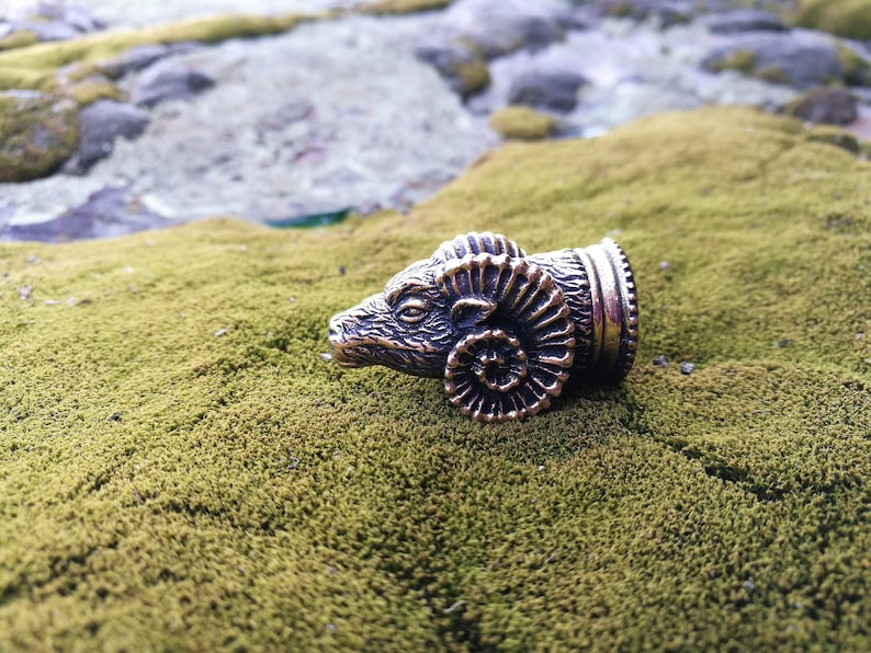 May include: A detailed bronze ram head with curled horns, resting on a bed of green moss.