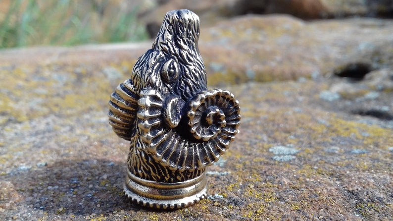 May include: A detailed bronze ram head bottle stopper with curled horns. The ram's head is facing forward with its mouth closed. The stopper is sitting on a rocky surface.