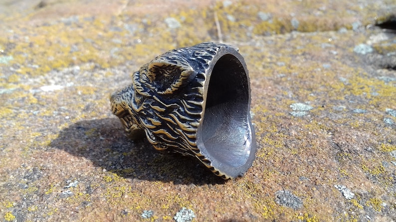 May include: A bronze wolf head ring holder with a detailed textured surface. The ring holder is hollow and has a dark interior.