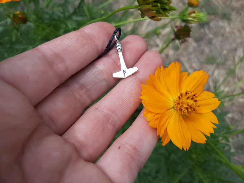 May include: A silver pendant in the shape of Thor's hammer, with a small rune, hangs from a black cord. The pendant is held near a bright orange flower with a yellow center, set against a green background.