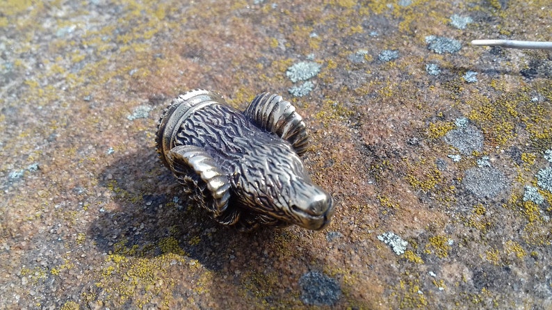 May include: A detailed bronze ram head sculpture with curled horns. The sculpture is on a textured, brown surface.