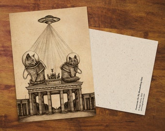 Postcard &quot;Cosmocats on the Brandenburg Gate&quot; - Gift, Card, Cats, Berlin, Germany, Snail Mail, Cute Cats, Cat Card, Pet