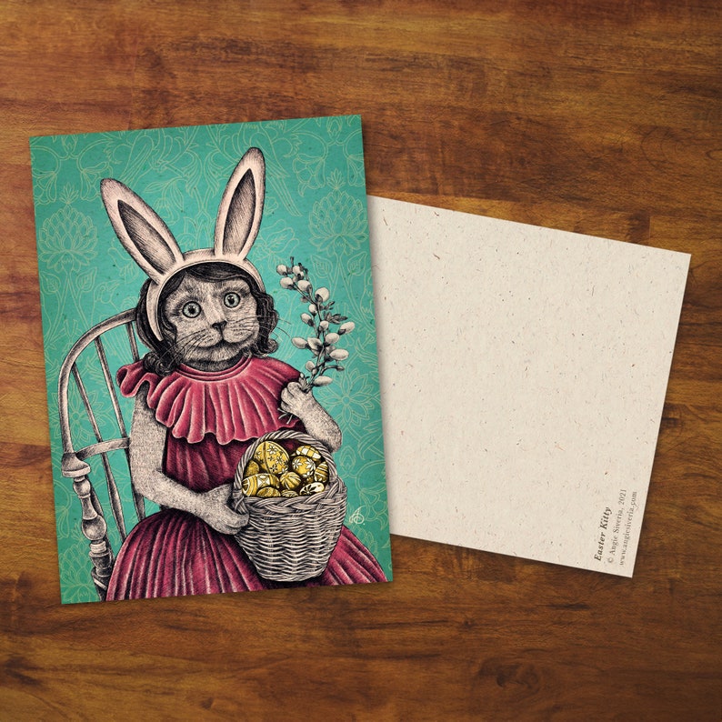 Postcard Easter Kitty 2 Gift, Drawing, Cute Cat, Card, Easter Cat, Snail Mail, Pet, Pet Card, Happy Easter, Cat Postcard image 1