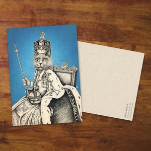 Cartão postal de gato "Queen Kitty II" - cartão, arte, presente, correio tradicional, realeza britânica, rainha Elizabeth, gato fofo, animal de estimação, amigo por correspondência
