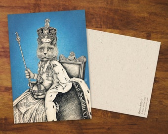 Cartão postal de gato "Queen Kitty II" - cartão, arte, presente, correio tradicional, realeza britânica, rainha Elizabeth, gato fofo, animal de estimação, amigo por correspondência