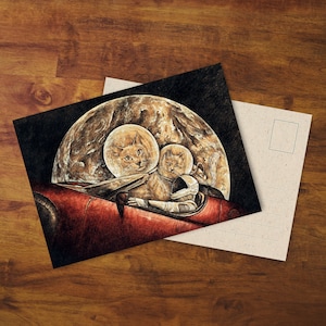 Postcard "Cosmocats And Starman Are Waiting In The Sky" - Gift, Card, Drawing, Original Art, Greeting Card, Recycling Paper, Cosmonaut, Cat