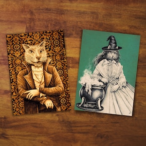 Ensemble de cartes postales « Chat Vampire et Sorcière » - Cadeau, Carte, Art, Dessin, Courrier escargot, Halloween, Chat Sorcière, Spooky, Spooky Season, Halloween Cat