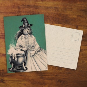 Carte postale « Cat Witch » - Cadeau, Carte, Mignon, Chat Mignon, Dessin, Art, Chat d’Halloween, Courrier escargot, Animal de compagnie, Saison effrayante