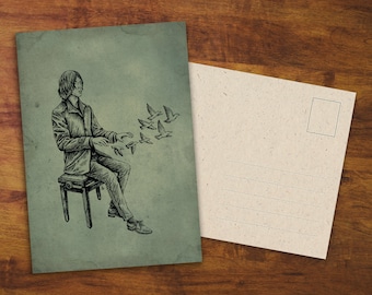 Ansichtkaart "The Composer" - Cadeau, Artwork, Muzikant, Piano, Pianist, Oskar Schuster, Tekening, Retro Card, Slakkenpost, Componist, Muziek, Vogels