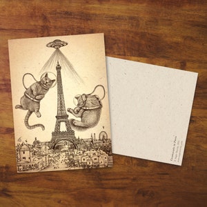 Cartão postal de gato "Cosmocats em Paris" - presente, fofo, cartão de felicitações, desenho a lápis, correio tradicional, papelaria, cartão de gato fofo, Torre Eiffel, turistas