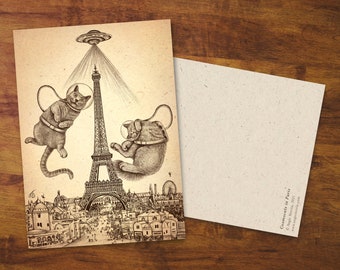 Cat Postcard "Cosmocats in Paris" - Gift, Cute, Greeting Card, Pencil Drawing, Snail Mail, Stationery, Cute Cat Card, Eiffel Tower, Tourists