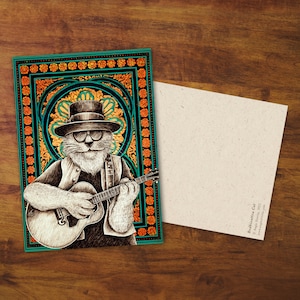 Kat ansichtkaart "Bodhisattva Cat" - geschenk, kaart, tekening, kunst, schattige kat, kattenmuzikant, slakkenpost, penvriend, gitaarkat, ecopapier, rockmuziek
