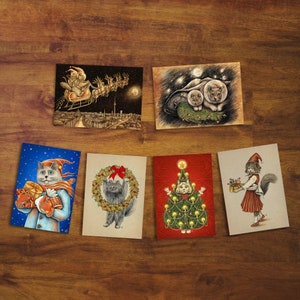 Ensemble de cartes de vœux de Noël « Chats de Noël » - Cadeau, Ensemble de cartes, Papeterie, Correspondant, Courrier escargot, Dessin, Chat mignon, Art mignon, Arbre de Noël