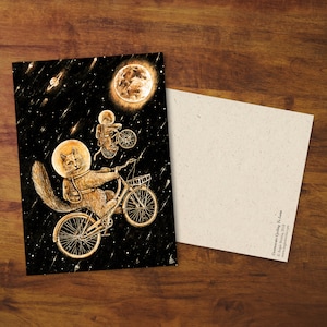 Carte postale « Cosmocats Cycling To Luna » - Cadeau, Carte, Chat mignon, Dessin, Courrier escargot, Carte chat, Chat vélo, Vélo, Carte vélo, Chat dans l'espace