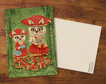 Ansichtkaart "Mushroom Cats" - Cadeau, Kaart, Leuke Kaart, Tekening, Paddestoelen, Slakkenpost, Ansichtkaart Kunst, Bos, Natuur, Illustratie
