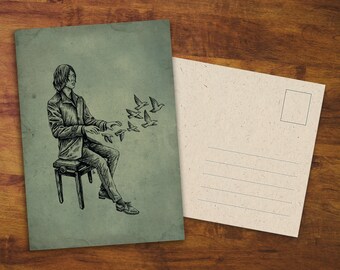 Postcard "The Composer" - Gift, Artwork, Musician, Piano, Pianist, Oskar Schuster, Drawing, Retro Card, Snail Mail, Composer, Music, Birds