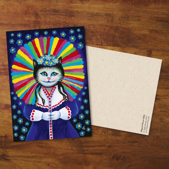 Postcard "magical Flower Kitty" - Gift, Card, Colorful, Cute Card,  Painting, Cat, Snail Mail, Postcard Art, Girl, Portrait, Illustration - Etsy