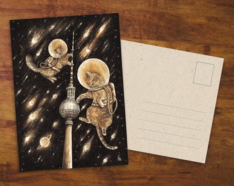 Berlin Postcard &quot;Cosmocats In Berlin&quot; - Gift, Greeting Card, Art Card, Cute Cat, Berlin Cat, Space Cats, TV Tower, Cats in Space